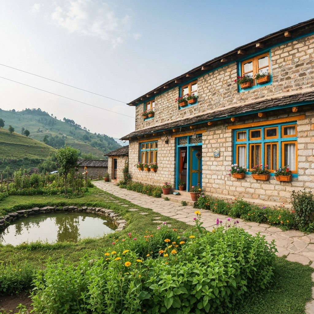 Village homestay courtyard at dusk